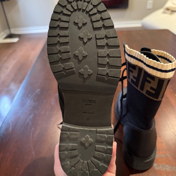 Fendi Black Leather Zucca Stretch Knit Combat Boots - Picture 4 of 4